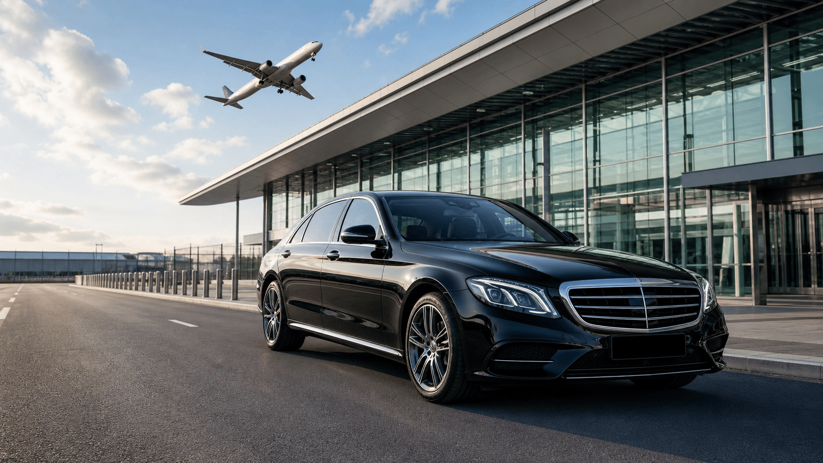 Black executive transfer car outside a modern airport terminal
